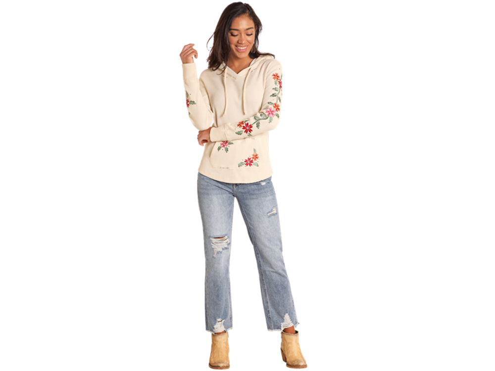 Rock and Roll Denim Lightweight Waffle Hoodie- Cream Embroidered - LW94T04624