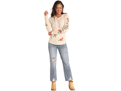 Rock and Roll Denim Lightweight Waffle Hoodie- Cream Embroidered - LW94T04624