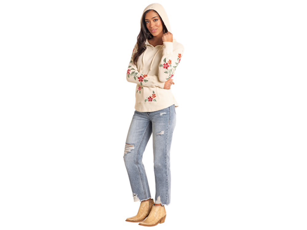 Rock and Roll Denim Lightweight Waffle Hoodie- Cream Embroidered - LW94T04624