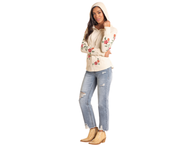 Rock and Roll Denim Lightweight Waffle Hoodie- Cream Embroidered - LW94T04624