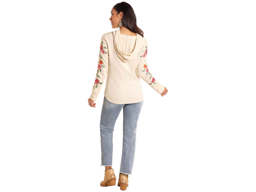 Rock and Roll Denim Lightweight Waffle Hoodie- Cream Embroidered - LW94T04624