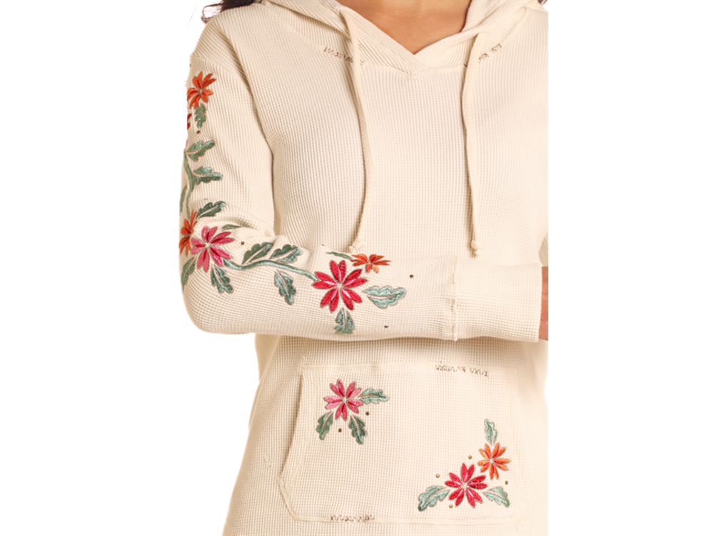 Rock and Roll Denim Lightweight Waffle Hoodie- Cream Embroidered - LW94T04624