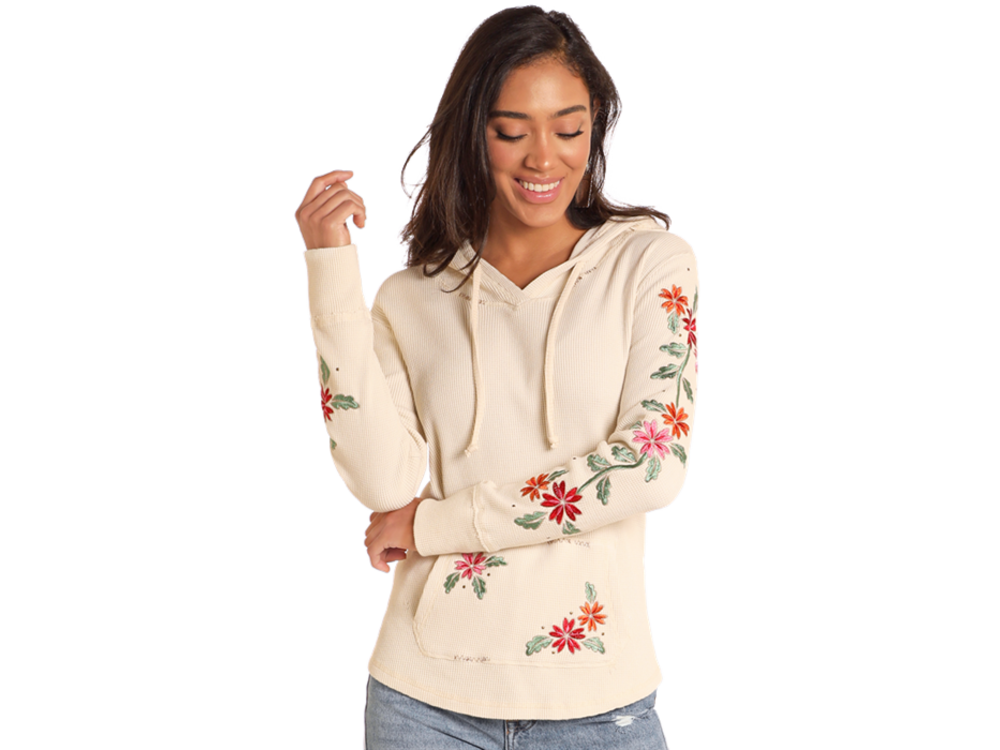 Rock and Roll Denim Lightweight Waffle Hoodie- Cream Embroidered - LW94T04624
