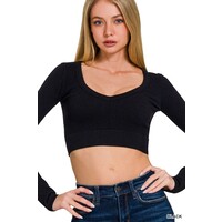 Long Sleeve VNeck Crop Top- NT-6358- Black