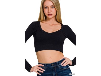 Long Sleeve VNeck Crop Top- NT-6358- Black