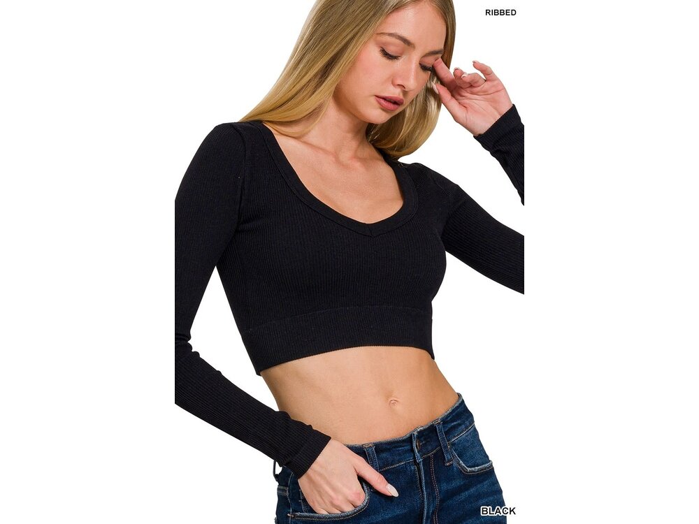 Long Sleeve VNeck Crop Top- NT-6358- Black