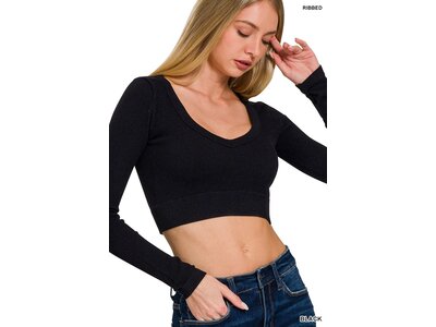 Long Sleeve VNeck Crop Top- NT-6358- Black