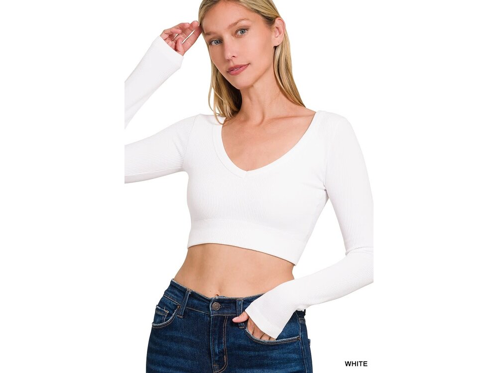 Long Sleeve VNeck Crop Top- NT-6358- White