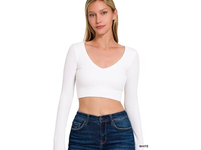 Long Sleeve VNeck Crop Top- NT-6358- White