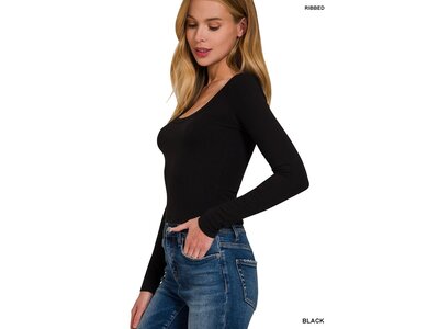 Ribbed Boat Neck LongSleeve Top- RRT-8522- Black