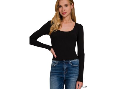 Ribbed Boat Neck LongSleeve Top- RRT-8522- Black
