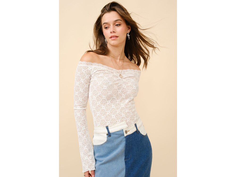 Blue B Lace Off-Shoulder Bell Sleeve Top- Off-White-