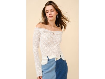 Blue B Lace Off-Shoulder Bell Sleeve Top- Off-White-