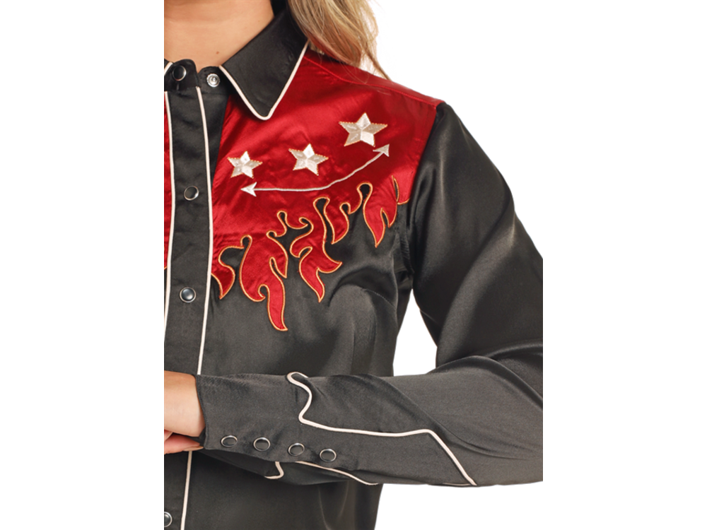 Rock and Roll Denim Retro Silk Shirt with Flames- Black- BWN2S04475