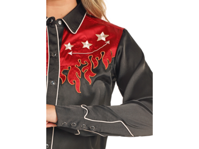 Rock and Roll Denim Retro Silk Shirt with Flames- Black- BWN2S04475