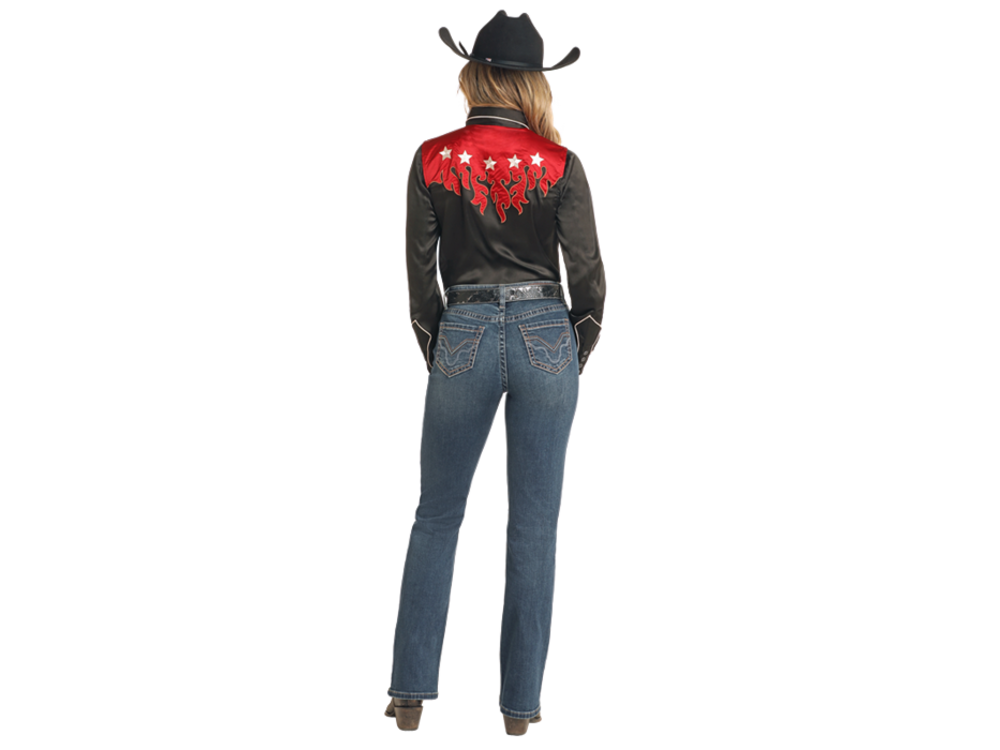 Rock and Roll Denim Retro Silk Shirt with Flames- Black- BWN2S04475