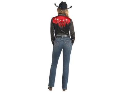 Rock and Roll Denim Retro Silk Shirt with Flames- Black- BWN2S04475