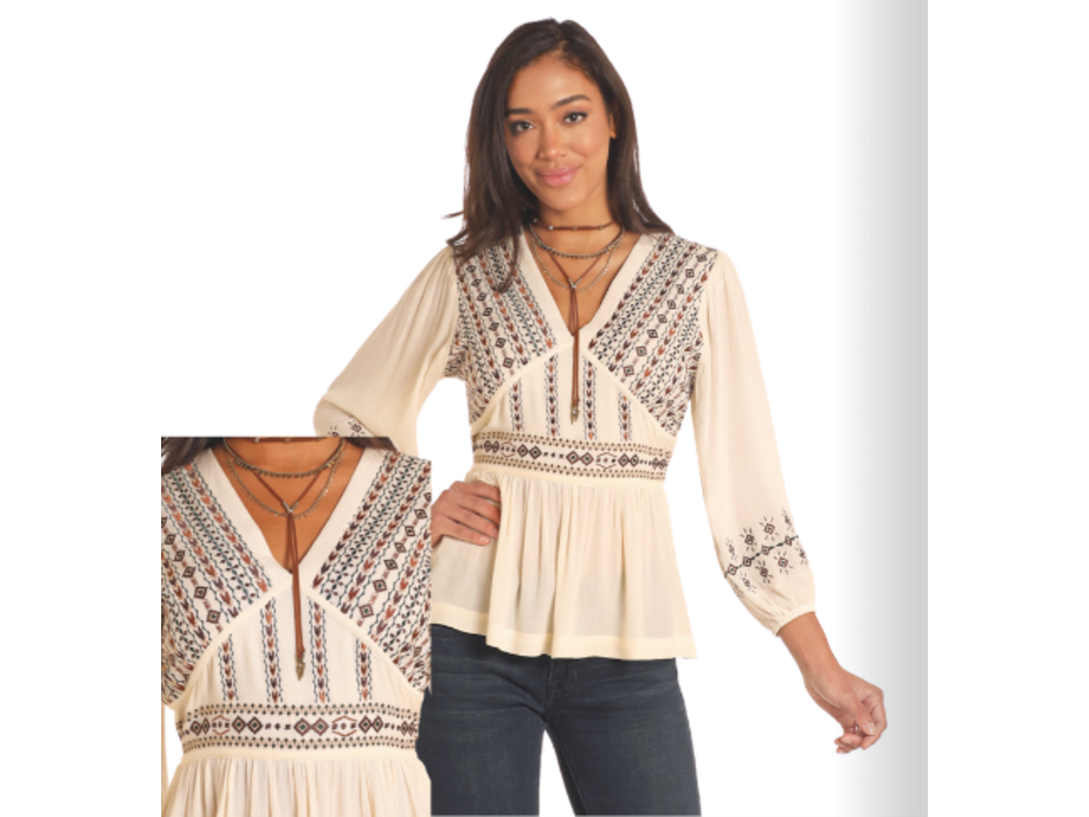 Rock and Roll Denim Empire Waist Embroidered Top- LW52T04695