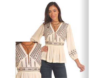 Rock and Roll Denim Empire Waist Embroidered Top- LW52T04695