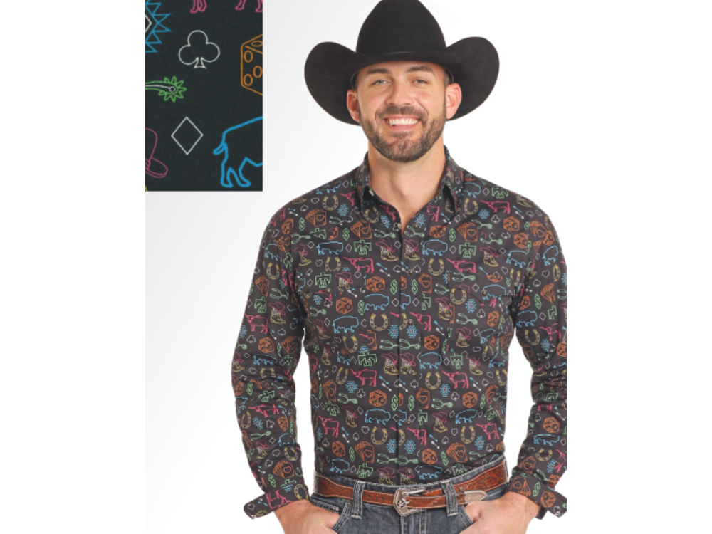 Rock and Roll Denim Neon Symbols - Conversational Pearl Snap- RMN2S03847