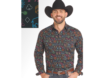 Rock and Roll Denim Neon Symbols - Conversational Pearl Snap- RMN2S03847