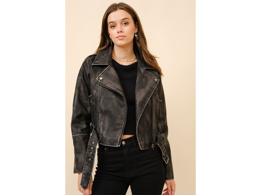 Blue B Washed Leather Moto Jacket- Black-