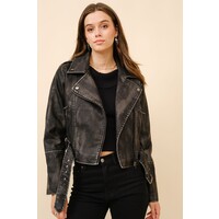 Washed Leather Moto Jacket- Black-