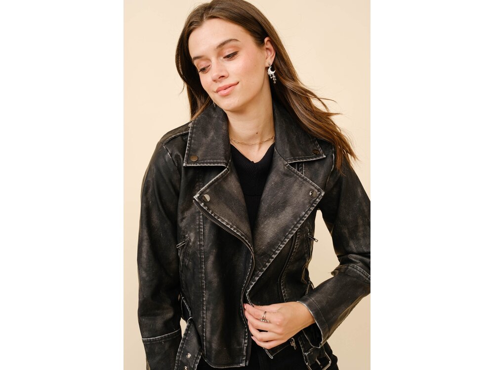 Blue B Washed Leather Moto Jacket- Black-