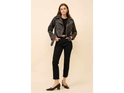 Blue B Washed Leather Moto Jacket- Black-