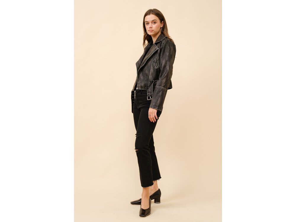 Blue B Washed Leather Moto Jacket- Black-