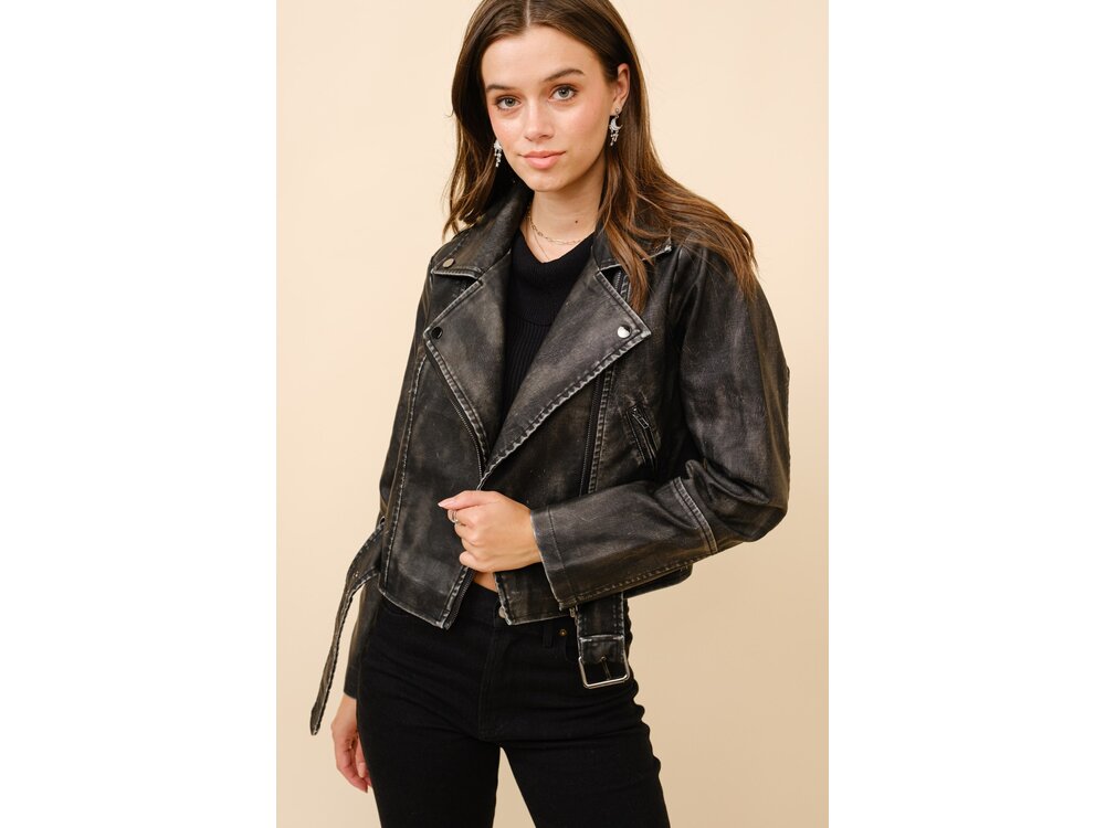 Blue B Washed Leather Moto Jacket- Black-