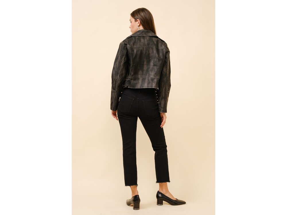 Blue B Washed Leather Moto Jacket- Black-