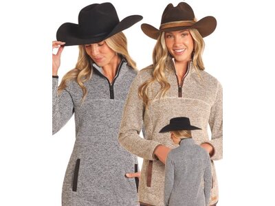 Powder River Outfitters Melange Quarter Zip with Suede Trim-  Tan- DW91C04076