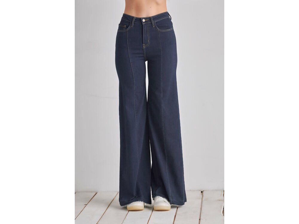 O2 Denim Front Seam Straight Wide Leg Denim- Dark Wash- PW505