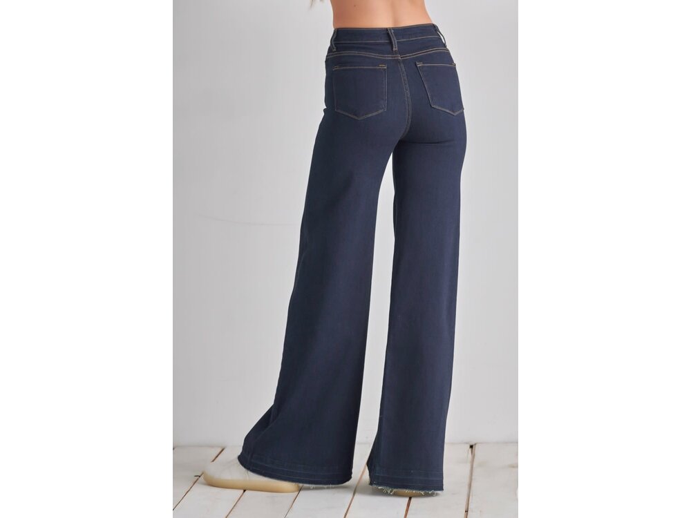 O2 Denim Front Seam Straight Wide Leg Denim- Dark Wash- PW505