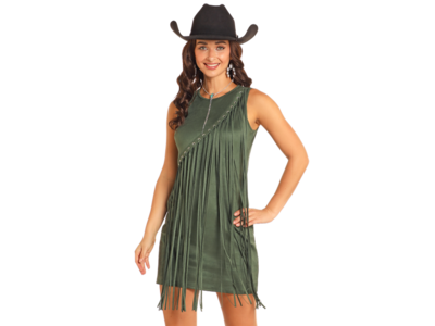 Rock and Roll Denim Asymmetrical Fringe Dress- Green- BWD0R04565-
