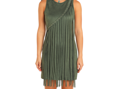 Rock and Roll Denim Asymmetrical Fringe Dress- Green- BWD0R04565-