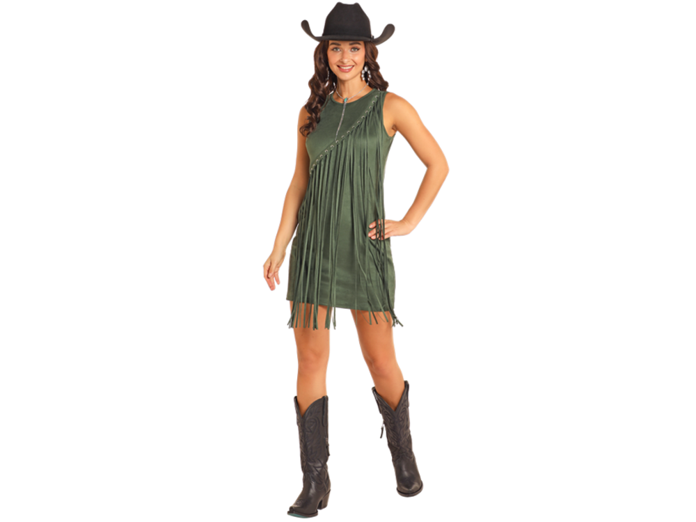 Rock and Roll Denim Asymmetrical Fringe Dress- Green- BWD0R04565-