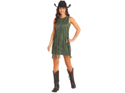 Rock and Roll Denim Asymmetrical Fringe Dress- Green- BWD0R04565-