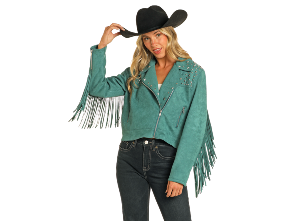 Rock and Roll Denim Suede Moto Jacket with Fringe- Teal- BW92C04462