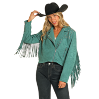 Suede Moto Jacket with Fringe- Teal- BW92C04462
