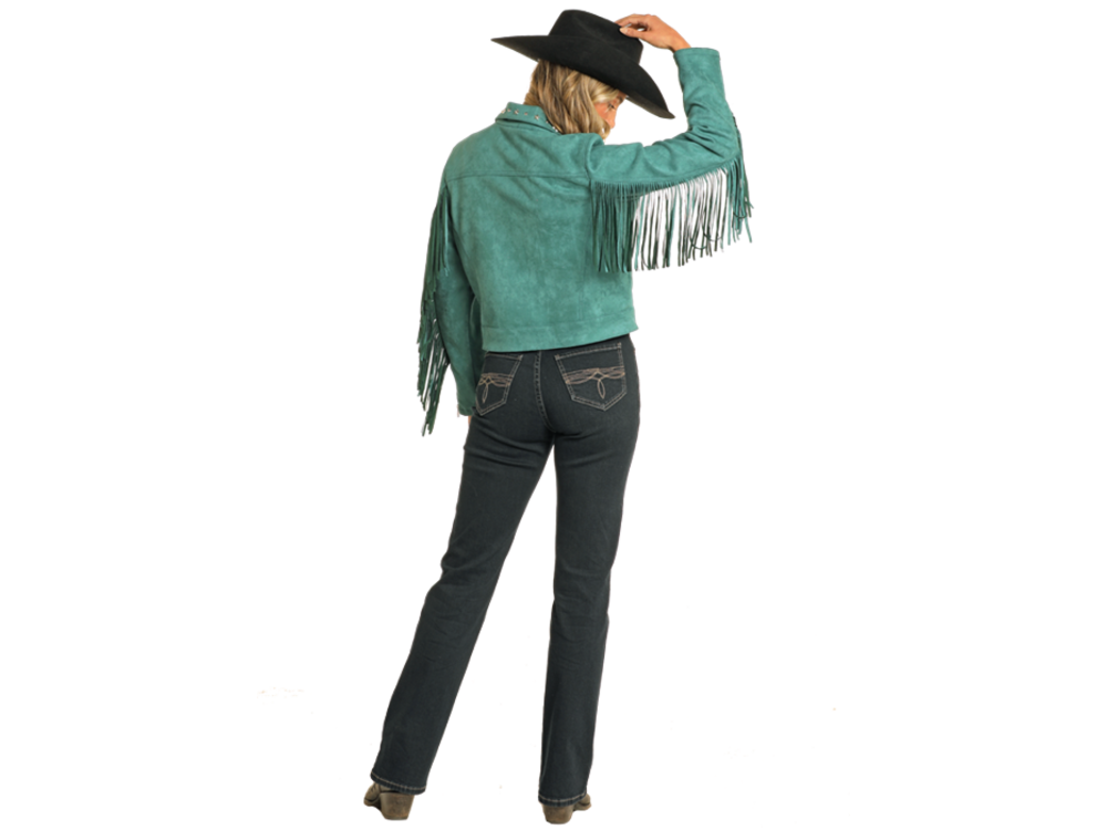 Rock and Roll Denim Suede Moto Jacket with Fringe- Teal- BW92C04462