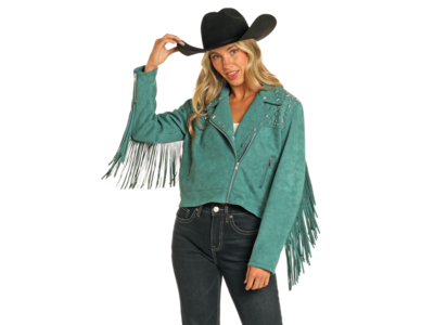 Rock and Roll Denim Suede Moto Jacket with Fringe- Teal- BW92C04462