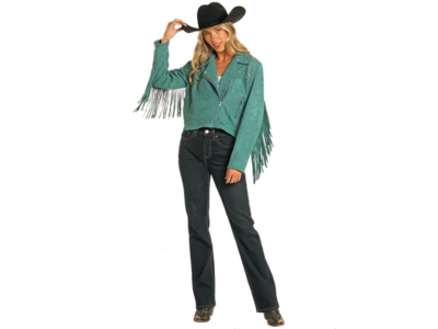 Rock and Roll Denim Suede Moto Jacket with Fringe- Teal- BW92C04462