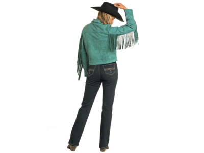Rock and Roll Denim Suede Moto Jacket with Fringe- Teal- BW92C04462