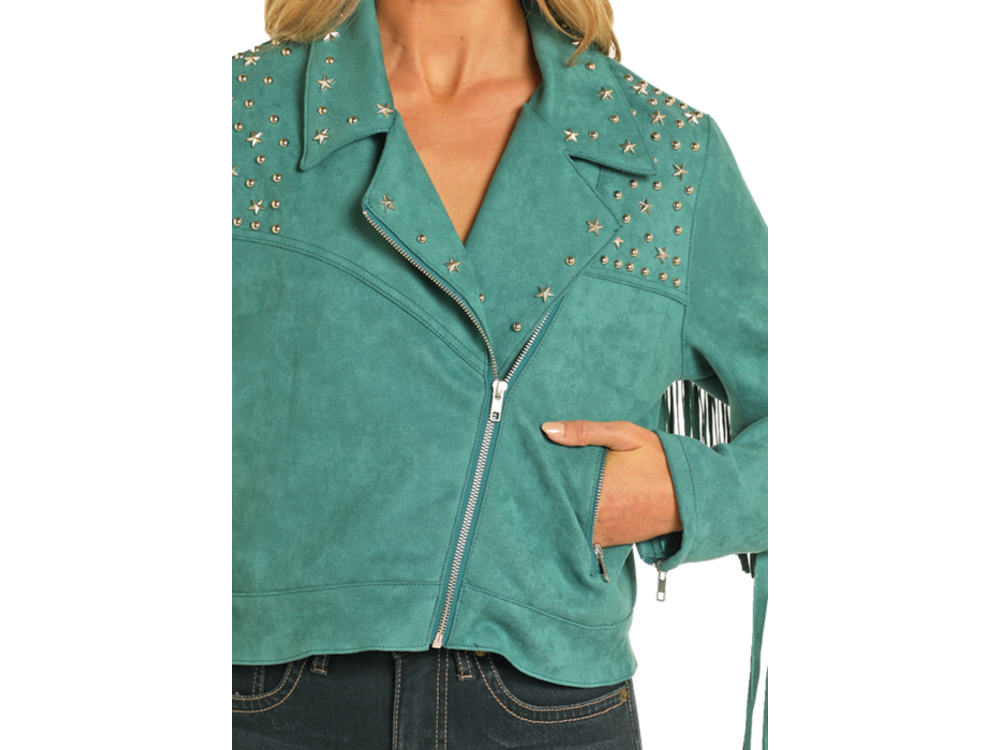 Rock and Roll Denim Suede Moto Jacket with Fringe- Teal- BW92C04462