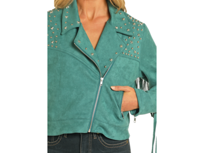 Rock and Roll Denim Suede Moto Jacket with Fringe- Teal- BW92C04462