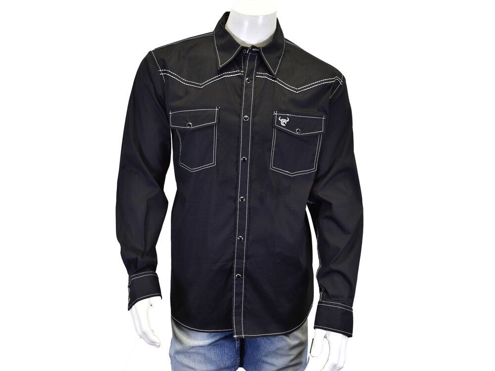 Cowboy Hardware Long Sleeve Contrast Stitch Button Shirt- Black-