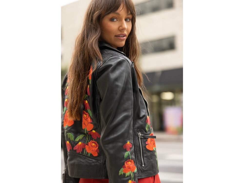 Mauritius Peonie Leather Embroidered Jacket- Black