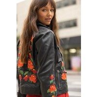 Peonie Leather Embroidered Jacket- Black